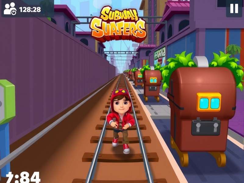 Subway Surfers gameplay showcasing Jake surfing across Mumbai tracks