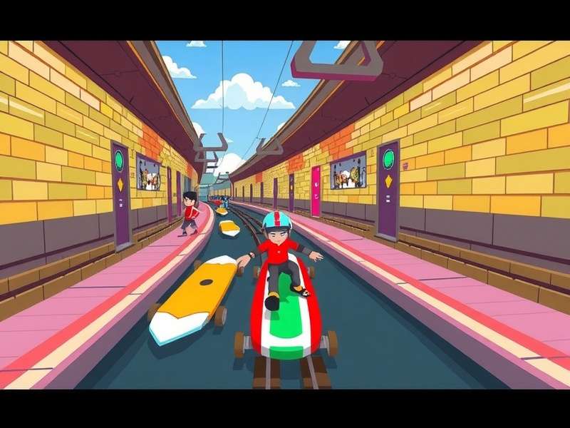 Slope Unblocked Subway Surfers gameplay screenshot showing Jake dodging a train