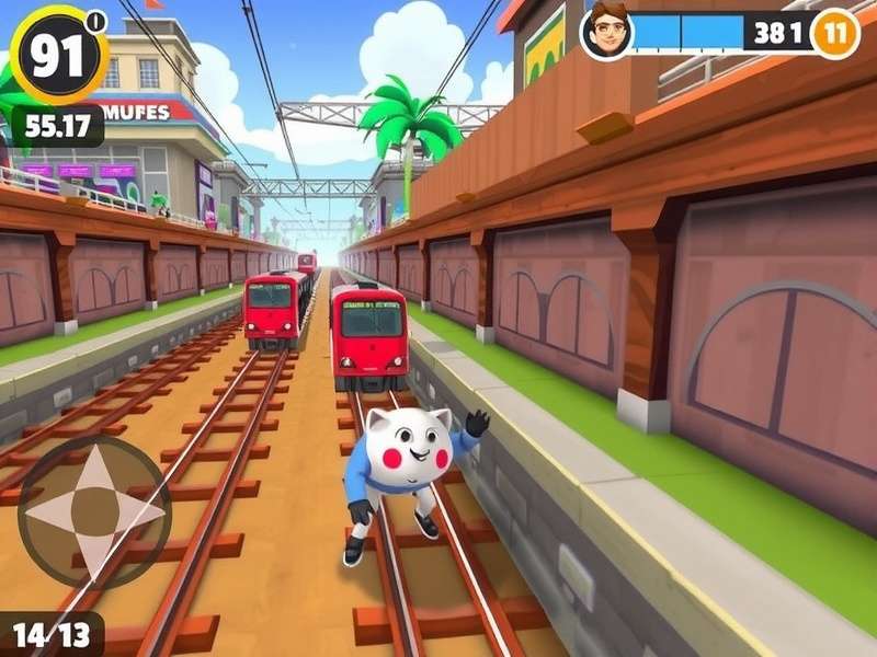 Dynamic gameplay screenshot of Subway Surfers Free Play showing Jake grinding on a train