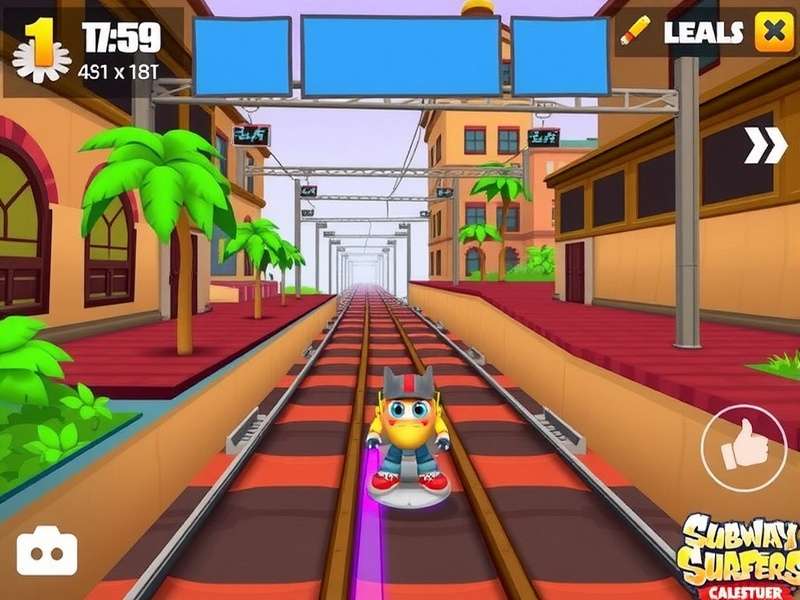 Subway Surfers gameplay scene with characters running on train tracks