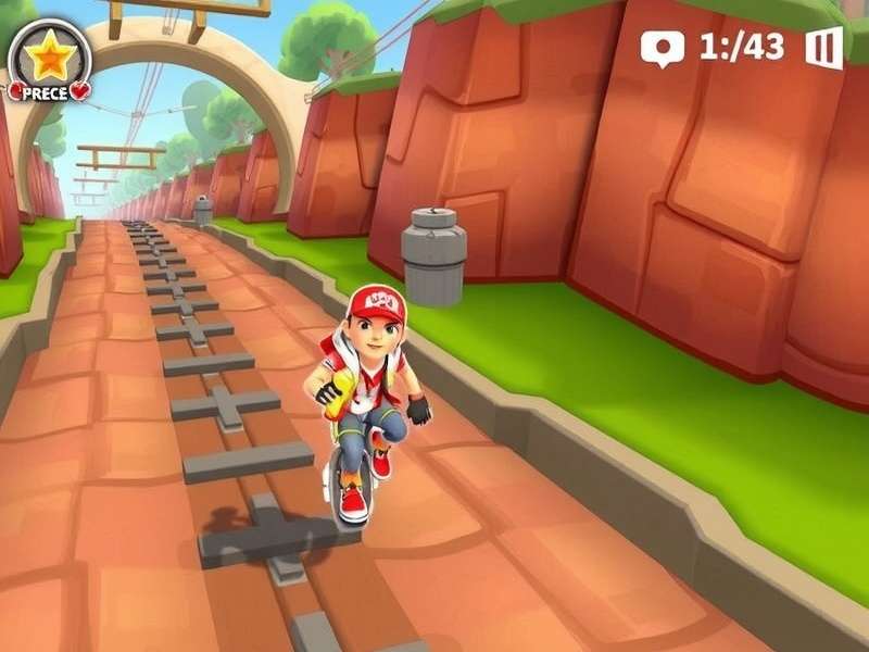 Gameplay screenshot of Subway Surfers on a laptop browser, showing vibrant colors and action