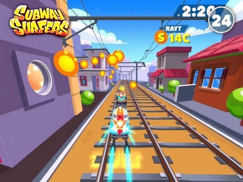 Subway Surfers gameplay showing Jake running on train rooftops