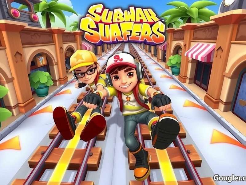 Subway Surfers gameplay showing Jake dodging a train with a hoverboard