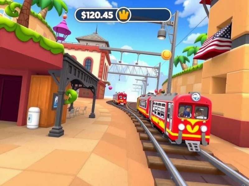 Dynamic gameplay screenshot of Subway Surfers showing a character running on subway tracks