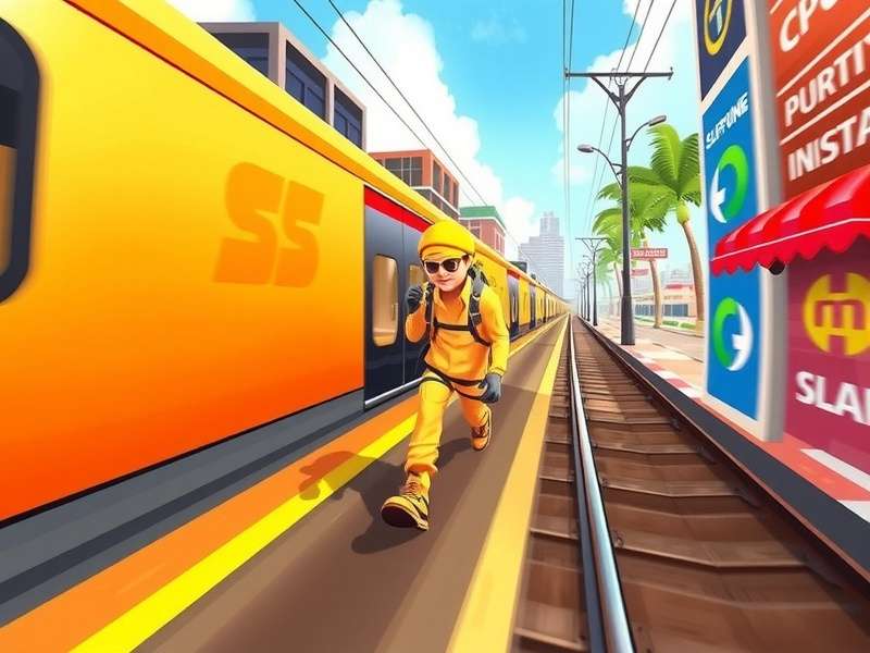 Subway Surfers character in a yellow suit running through Miami-inspired colorful streets