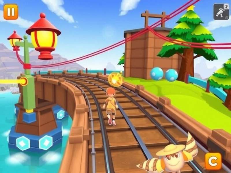 Subway Surfers gameplay screenshot showing characters running on train tracks