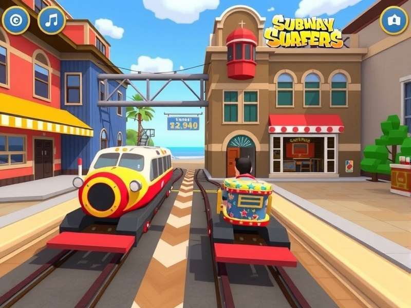 Subway Surfers Classic gameplay screenshot showing Jake running on Mumbai train tracks with colorful graffiti