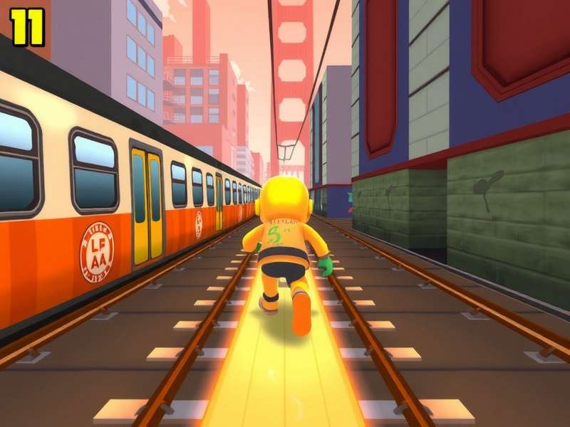 Yellow Suit character running in Subway Surfers San Francisco map with Golden Gate Bridge in background