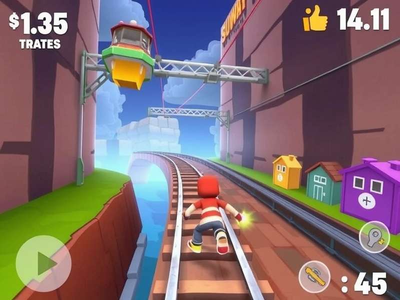 Subway Surfers gameplay screenshot showing Jake dodging a train inspector