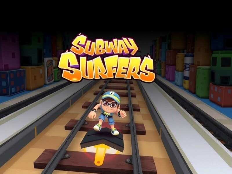 Subway Surfers gameplay screenshot showing Jake grinding on a train