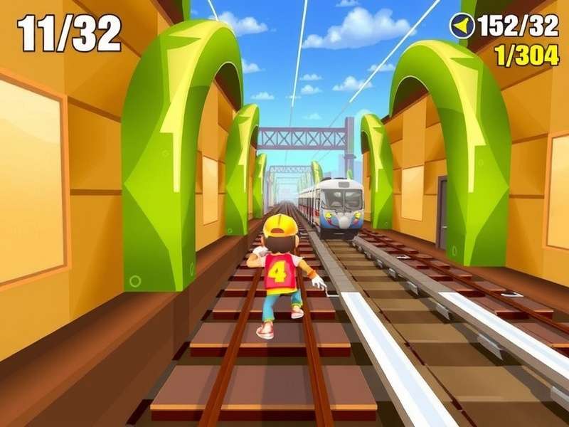 Subway Surfers gameplay screenshot showing Jake running on train tracks