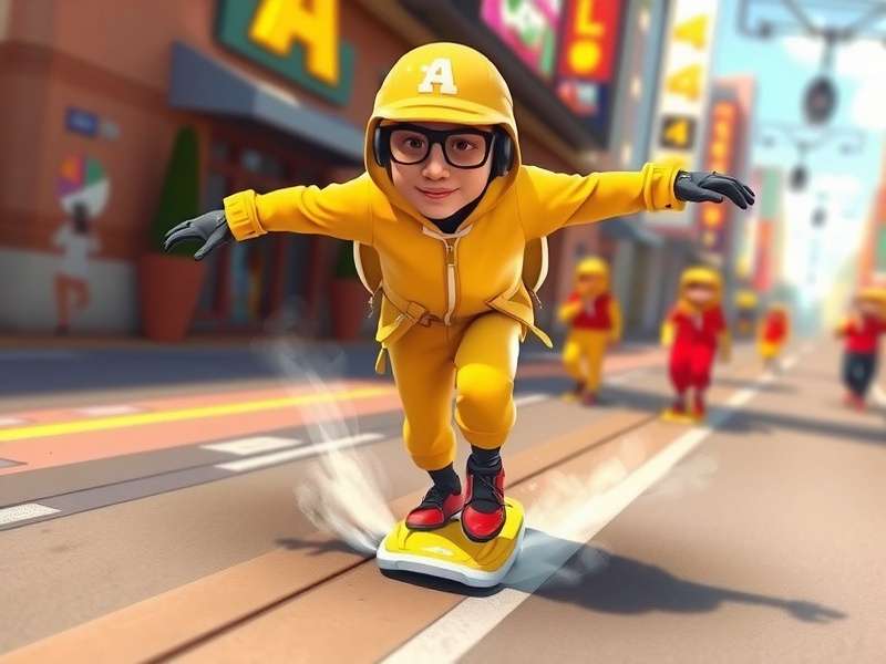 Yellowsuit character in Subway Surfers gameplay with train and obstacles