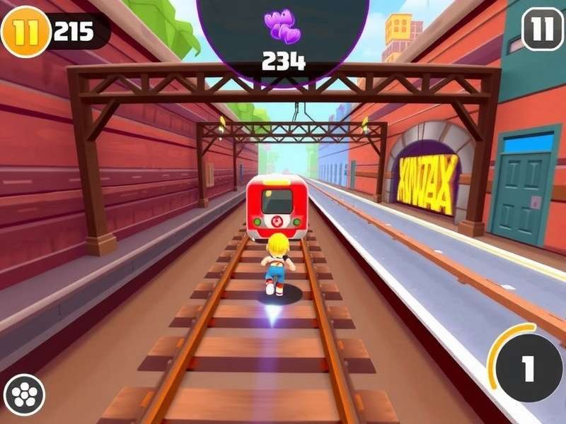 Subway Surfers App gameplay showing Jake running on railway tracks with trains and coins