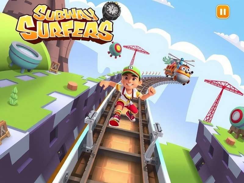 Online Subway Surfers gameplay showing Jake running on railway tracks with coins and obstacles