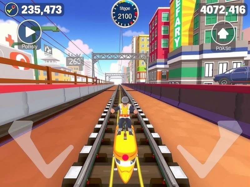 Subway Surfers 2025 gameplay with Jake running on tracks, featuring new power-ups and vibrant city backdrop.