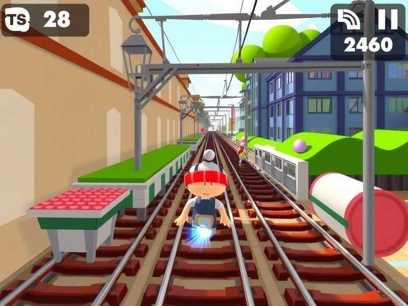 Subway Surfers Classic gameplay showing Jake dodging a train on the tracks