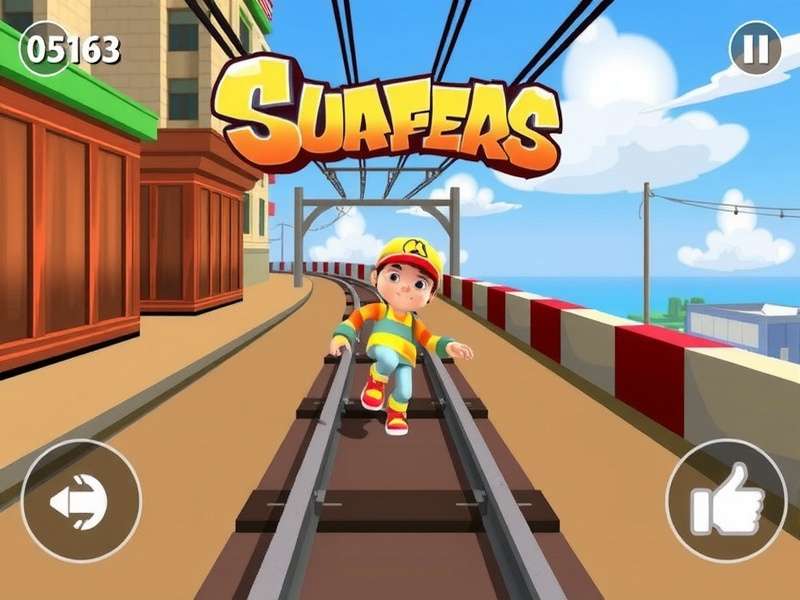 Subway Surfers gameplay on PC showing Jake running on railway tracks with coins and power-ups
