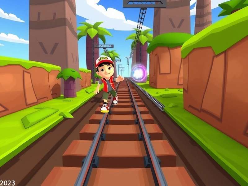 Subway Surfers gameplay showing character running on railway tracks with coins and obstacles