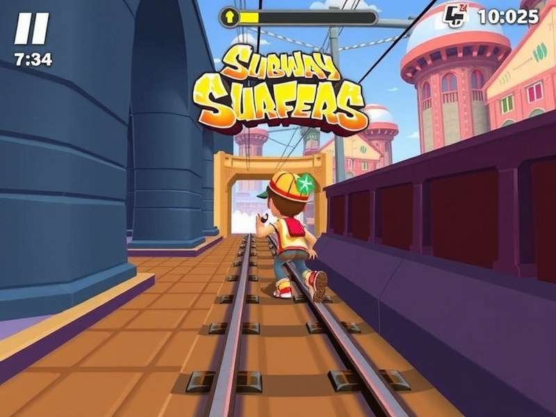 Subway Surfers game download hero image showing Jake running on railway tracks