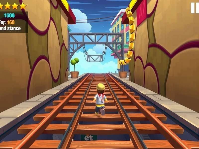 Subway Surfers Unblocked 76 gameplay screenshot showing Jake running on railway tracks with coins and obstacles