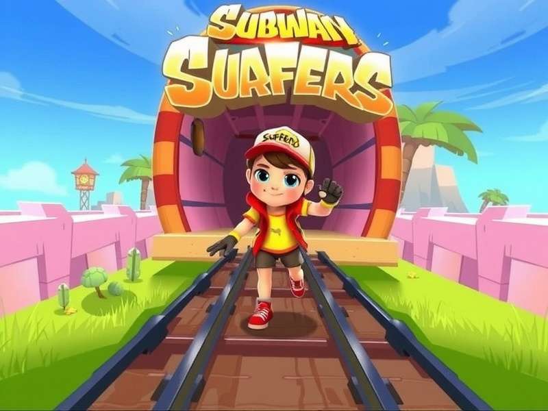 Subway Surfers gameplay screenshot showing Jake running on train tracks with coins and obstacles