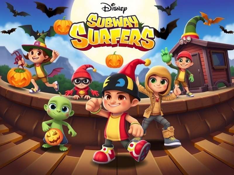Subway Surfers Halloween characters group artwork featuring Jake, Tricky, Fresh, Yutani, and Miss Maia in spooky costumes